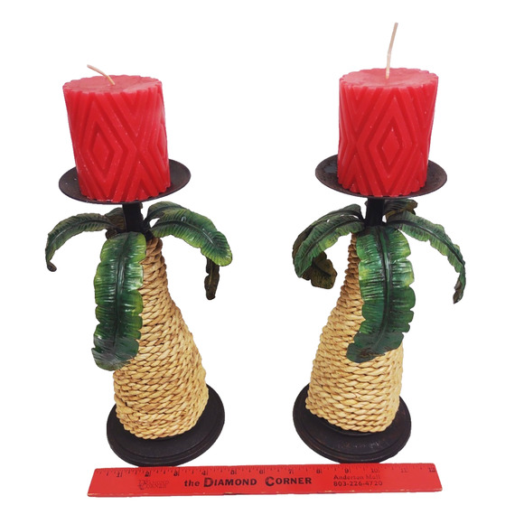Pair of 2 Metal Sisal Rope Palm Tree Tiki Aloha Candleholder Pillar Candle Stand - Picture 5 of 9